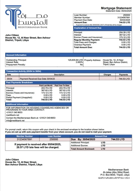 Download Libya Mediterranean Bank mortgage statement Word and PDF template Photoshop template
